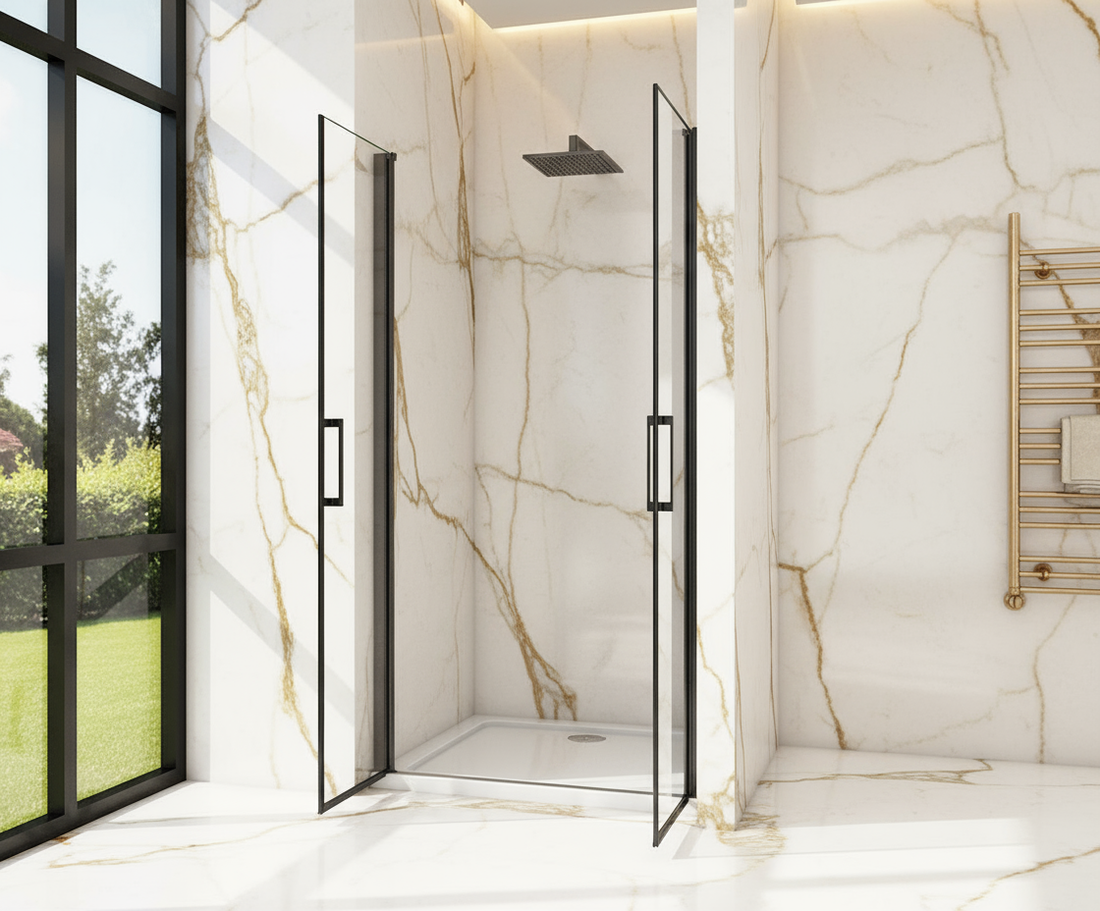 Duschtür 90x200cm Nischentür Schwarz Doppeltür Schwingtür 8mm ESG mit Nano-Glas