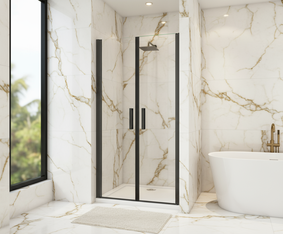 Duschtür 90x200cm Nischentür Schwarz Doppeltür Schwingtür 8mm ESG mit Nano-Glas