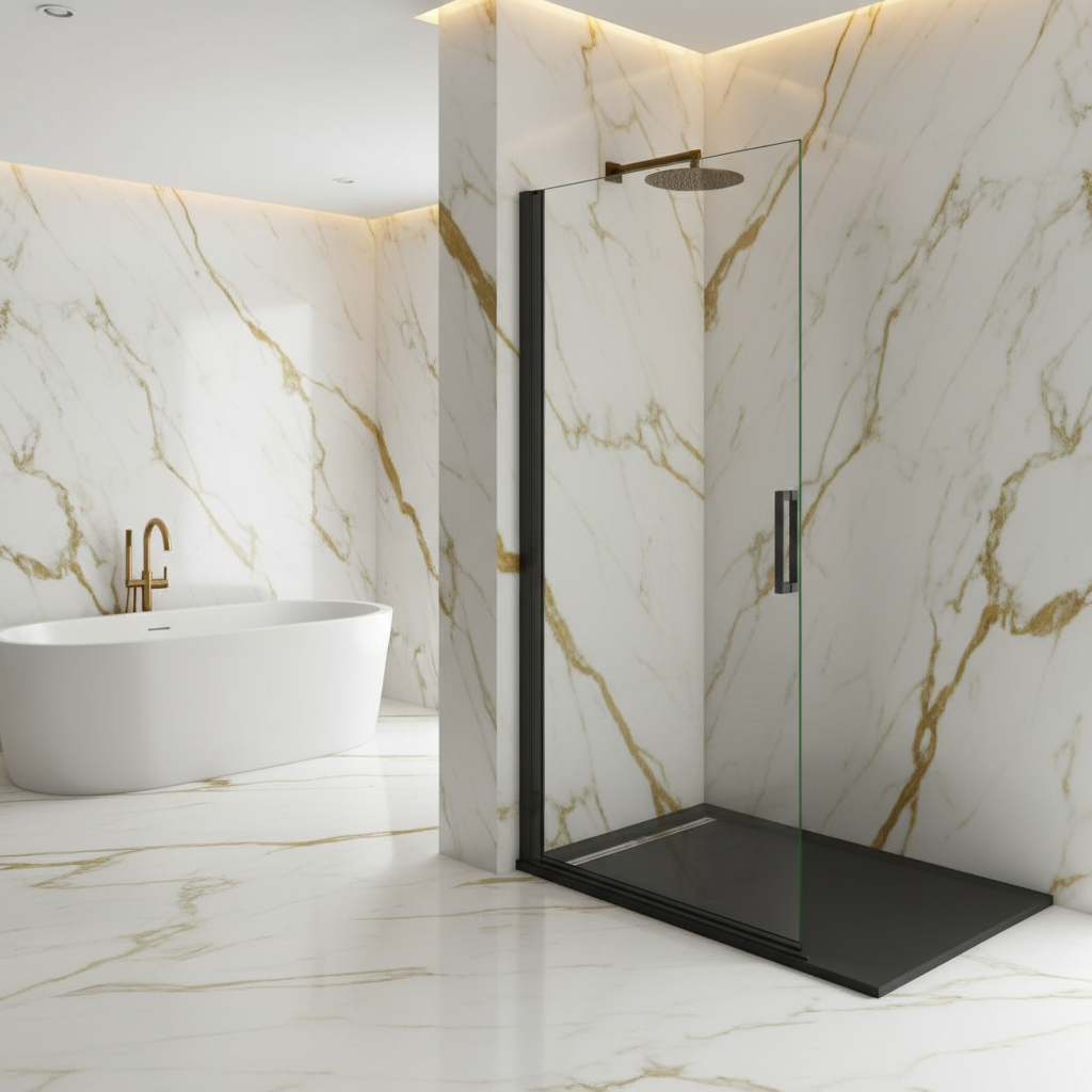 Walk-In Dusche 200cm Schwarz Pendel-Duschabtrennung Schwingtür 8mm ESG Nano-Glas