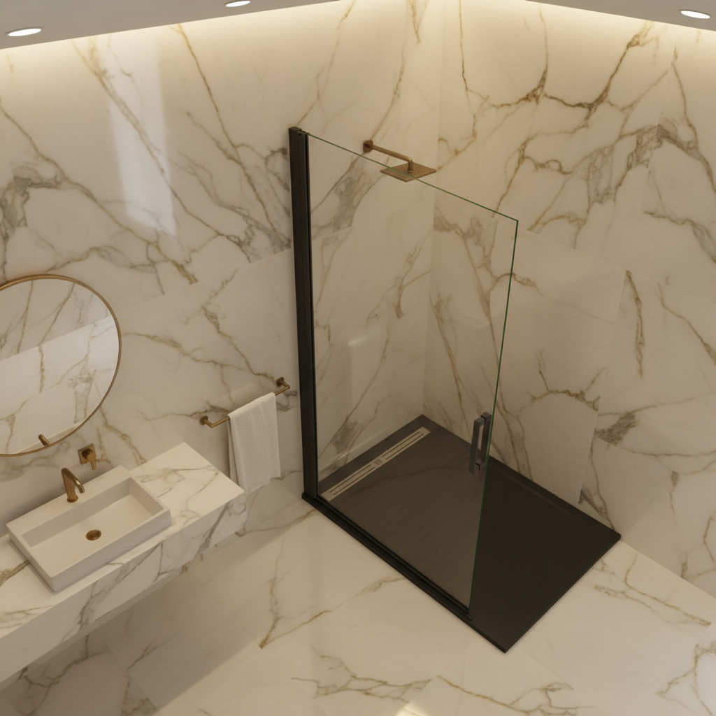 Walk-In Dusche 200cm Schwarz Pendel-Duschabtrennung Schwingtür 8mm ESG Nano-Glas