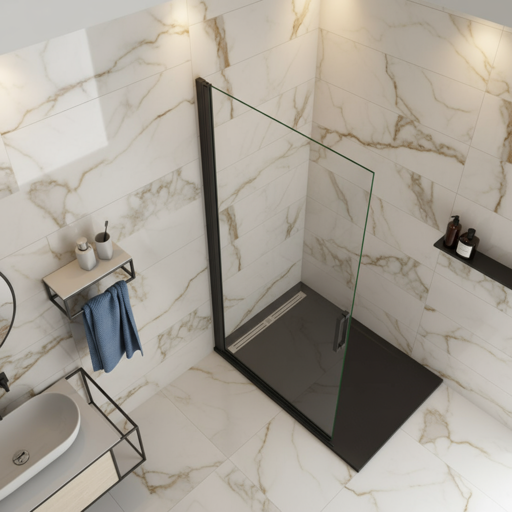 Walk-In Dusche 200cm Schwarz Pendel-Duschabtrennung Schwingtür 8mm ESG Nano-Glas