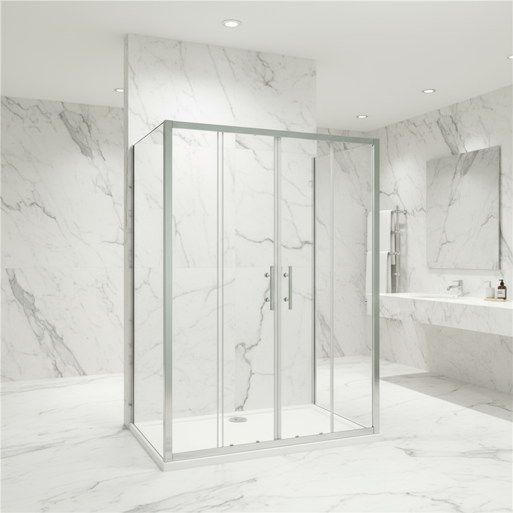 U-Form Duschkabine 120–160 cm, Höhe 190 cm | Schiebetür mit Rahmen & 2 Seitenwänden (70–90 cm), 8mm ESG-Echtglas