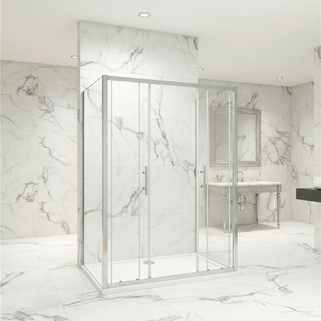 U-Form Duschkabine 120–160 cm, Höhe 190 cm | Schiebetür mit Rahmen & 2 Seitenwänden (70–90 cm), 8mm ESG-Echtglas