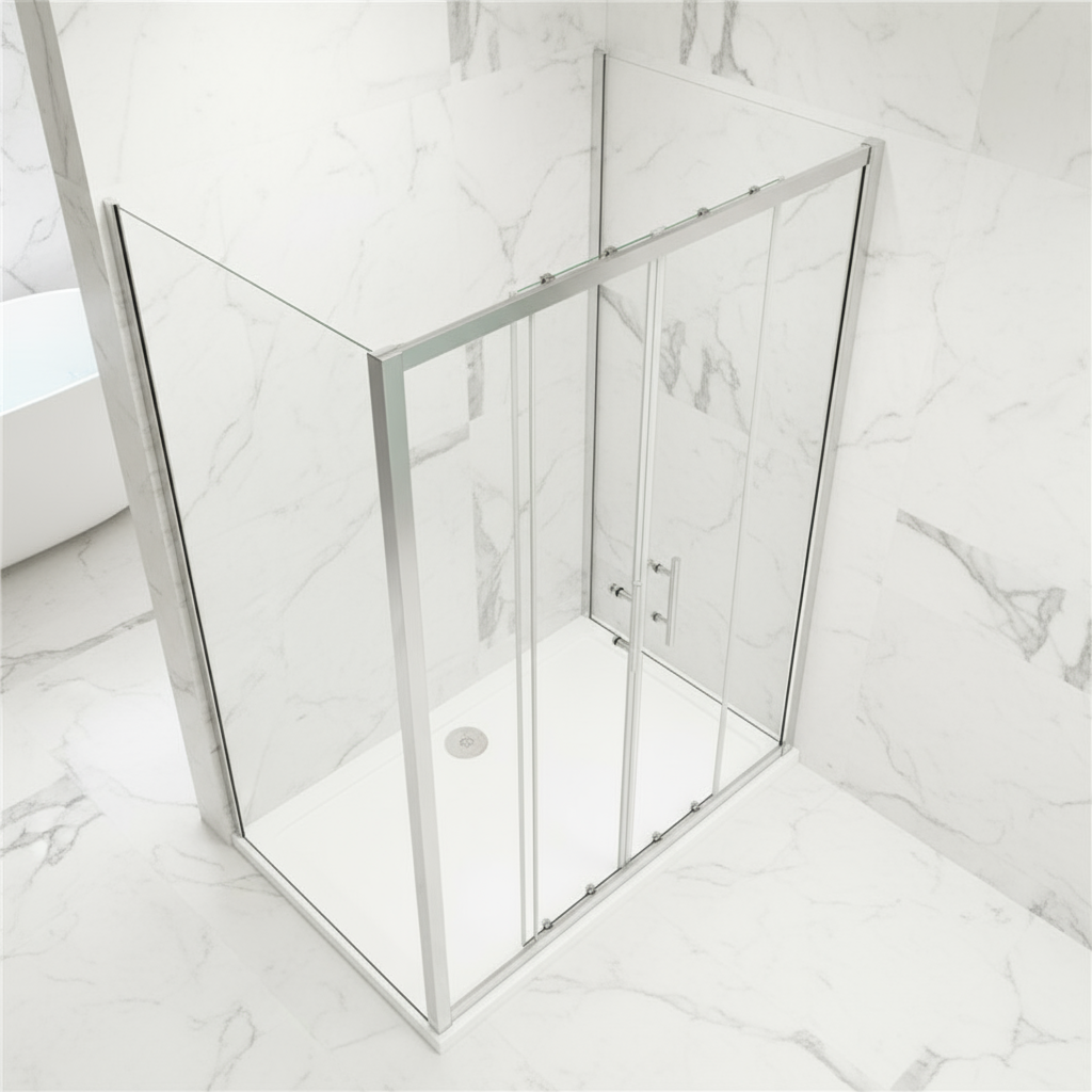 U-Form Duschkabine 120–160 cm, Höhe 190 cm | Schiebetür mit Rahmen & 2 Seitenwänden (70–90 cm), 8mm ESG-Echtglas