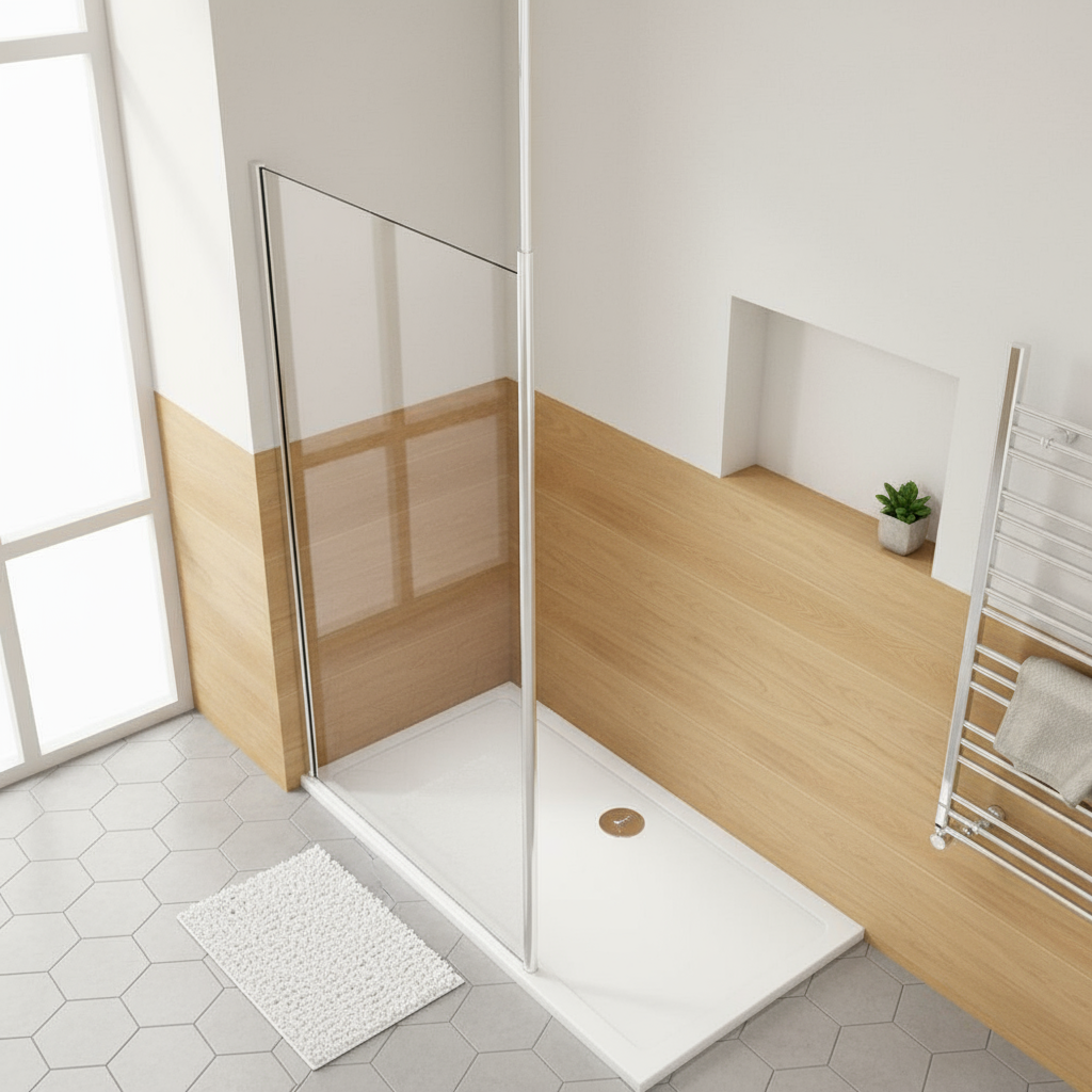 Walk-In Duschwand 200cm 8mm NANO Glas mit Deckenstrebe Duschabtrennung 30–160cm