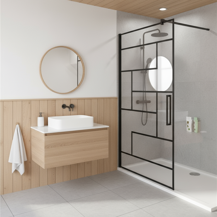 Walk-In Duschwand Schwarzrahmen 200cm 8mm NANO Glas Industrial Design 70–140cm