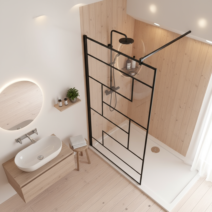 Walk-In Duschwand Schwarzrahmen 200cm 8mm NANO Glas Industrial Design 70–140cm