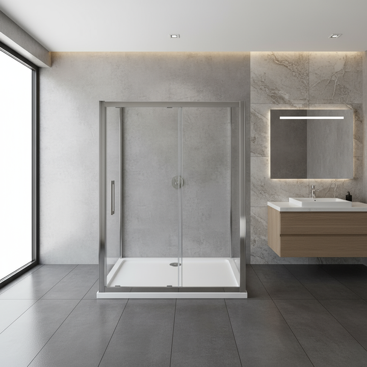 U-Form Duschkabine 100/120/140 cm, Höhe 190 cm | Schiebetür mit 2 Seitenwänden & Duschtasse, 8mm ESG-Nano-Glas