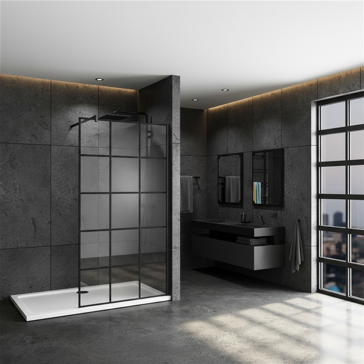 Walk-In Duschwand 200cm Schwarzrahmen 8mm NANO Glas Industrial Grid Design