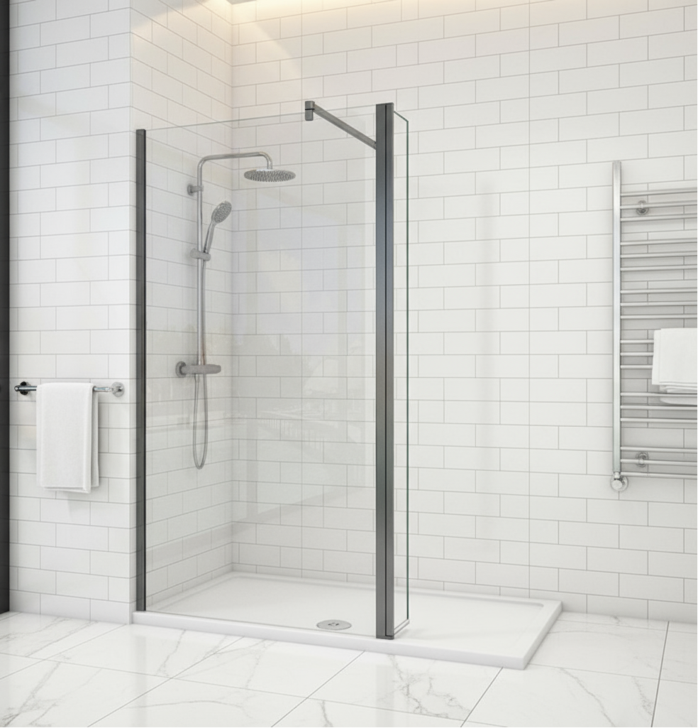 Walk-In Duschwand Schwarz 200cm 8mm NANO Glas mit/ohne Flipper Panel 30/40cm