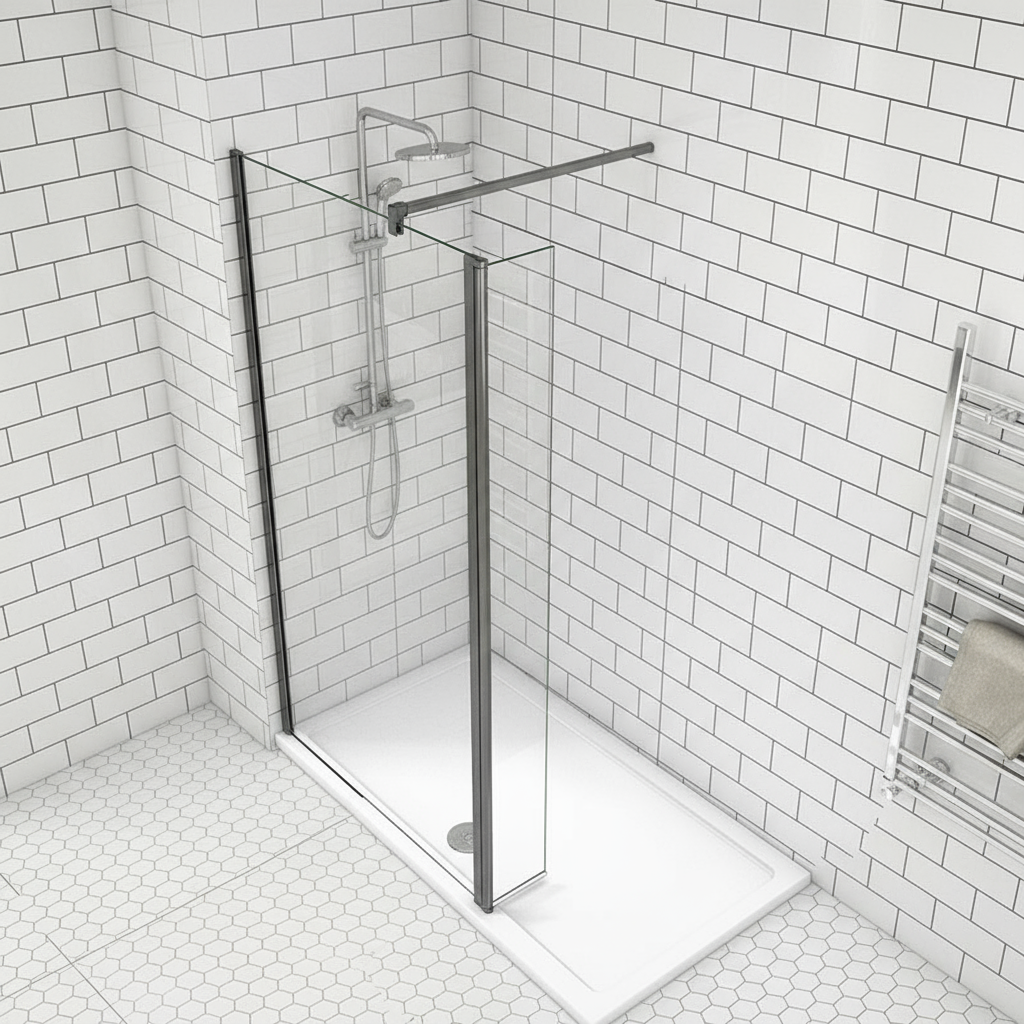 Walk-In Duschwand Schwarz 200cm 8mm NANO Glas mit/ohne Flipper Panel 30/40cm