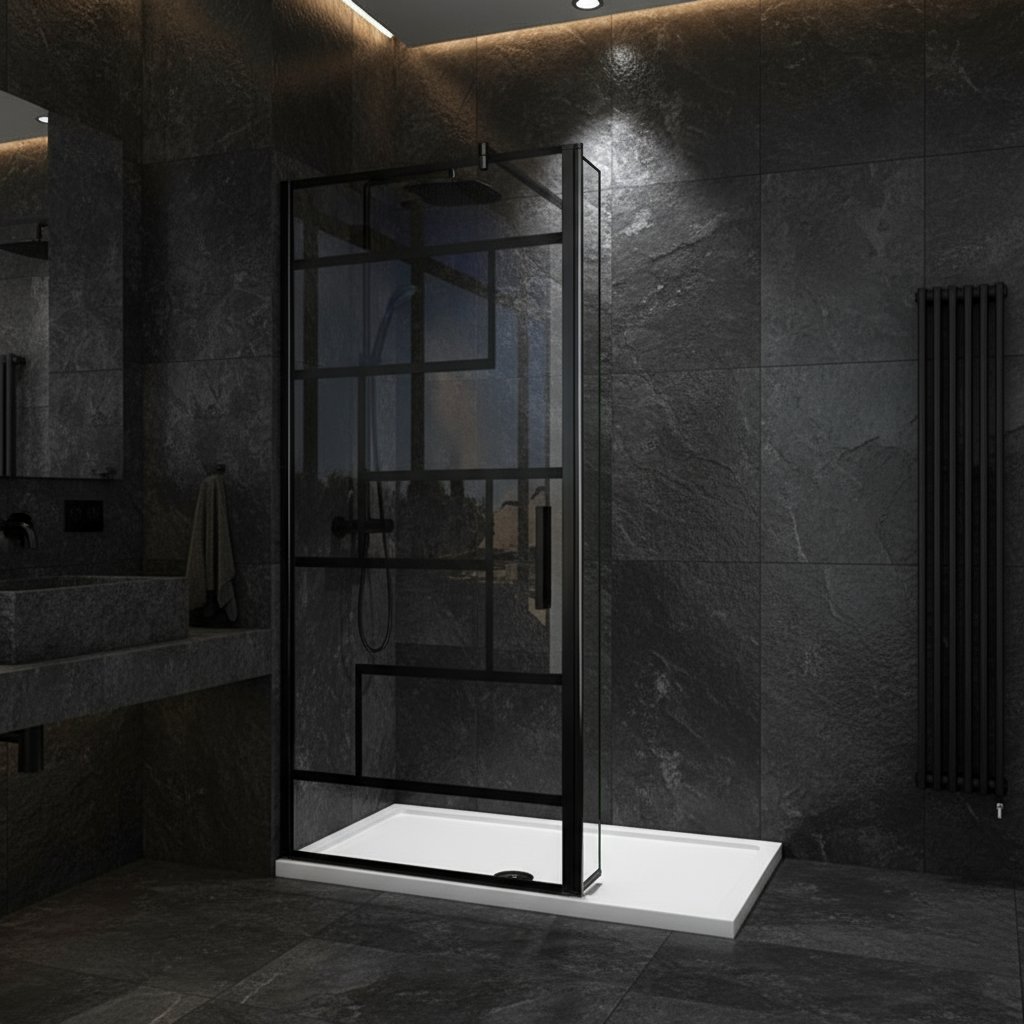 Walk-In Duschwand Schwarz 200cm 8mm NANO Glas im Industrial Design mit/ohne Flipper Panel 30/40cm