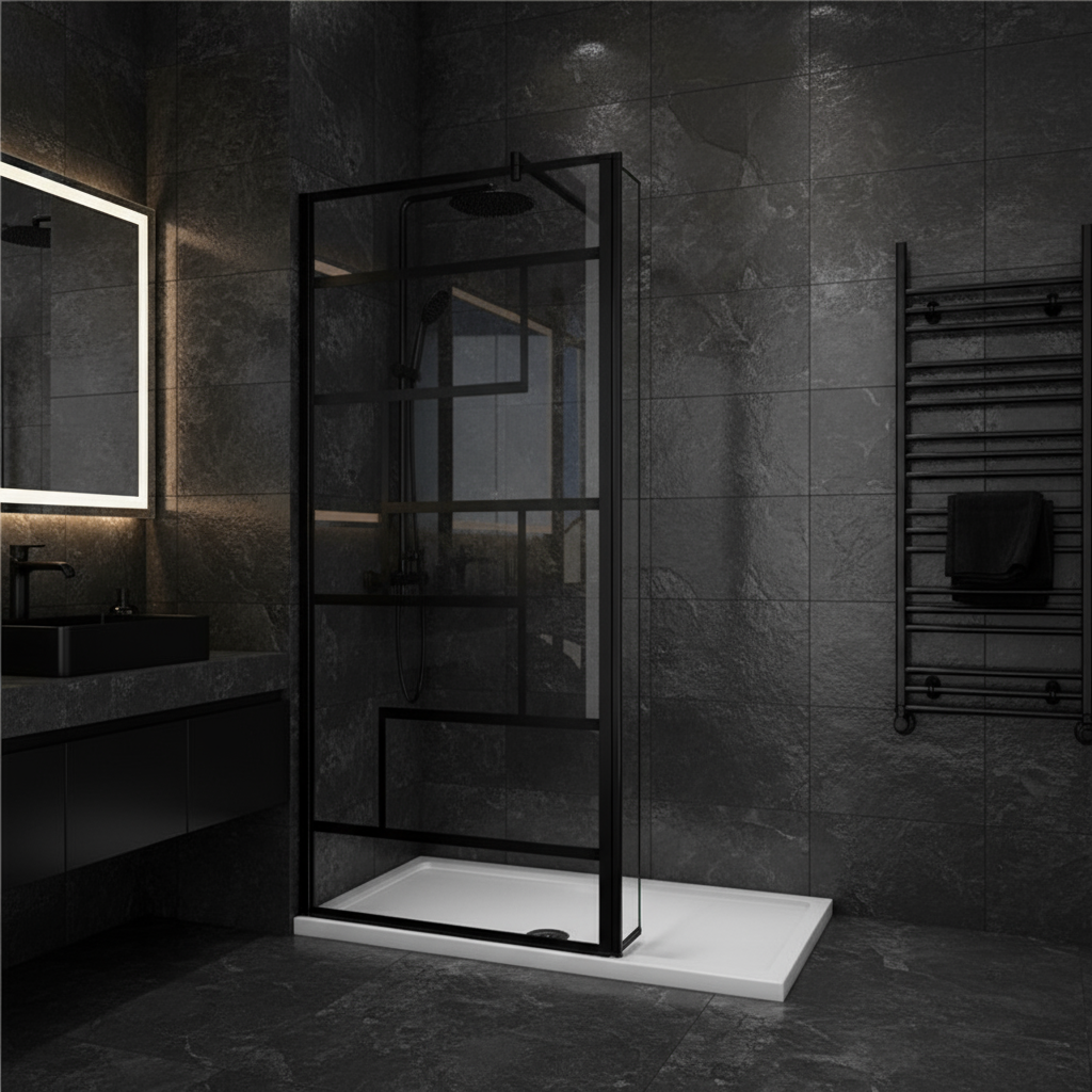 Walk-In Duschwand Schwarz 200cm 8mm NANO Glas im Industrial Design mit/ohne Flipper Panel 30/40cm