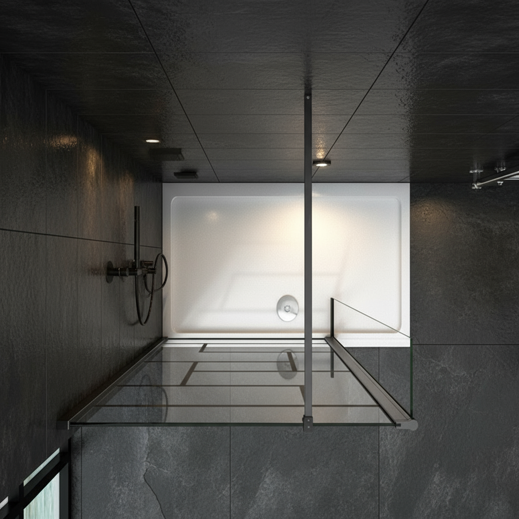 Walk-In Duschwand Schwarz 200cm 8mm NANO Glas im Industrial Design mit/ohne Flipper Panel 30/40cm