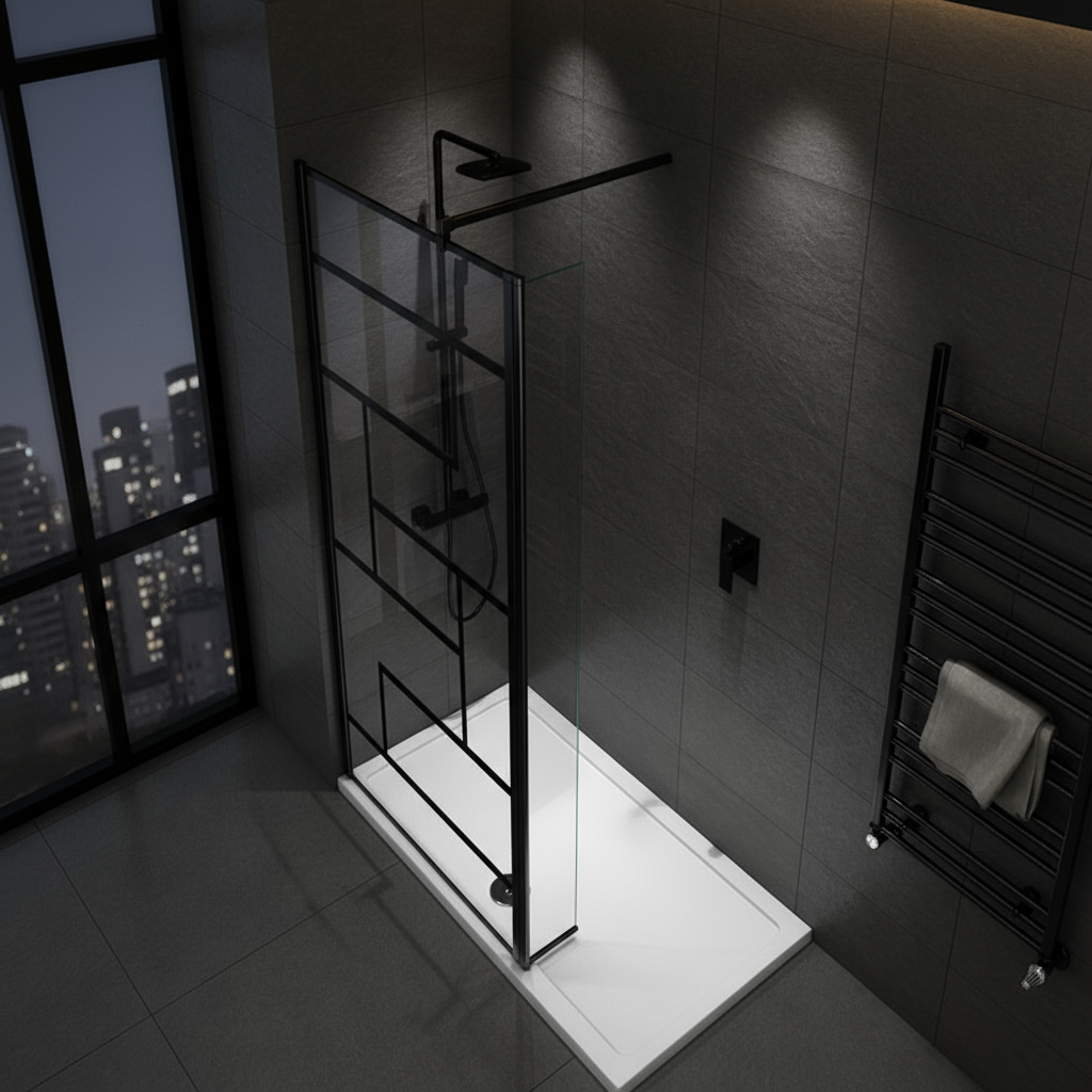 Walk-In Duschwand Schwarz 200cm 8mm NANO Glas im Industrial Design mit/ohne Flipper Panel 30/40cm