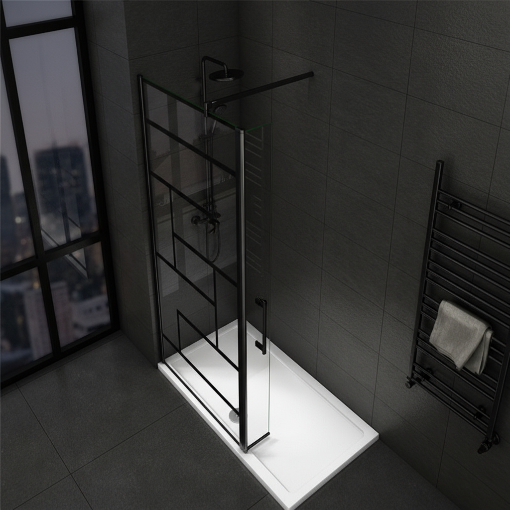 Walk-In Duschwand Schwarz 200cm 8mm NANO Glas im Industrial Design mit/ohne Flipper Panel 30/40cm