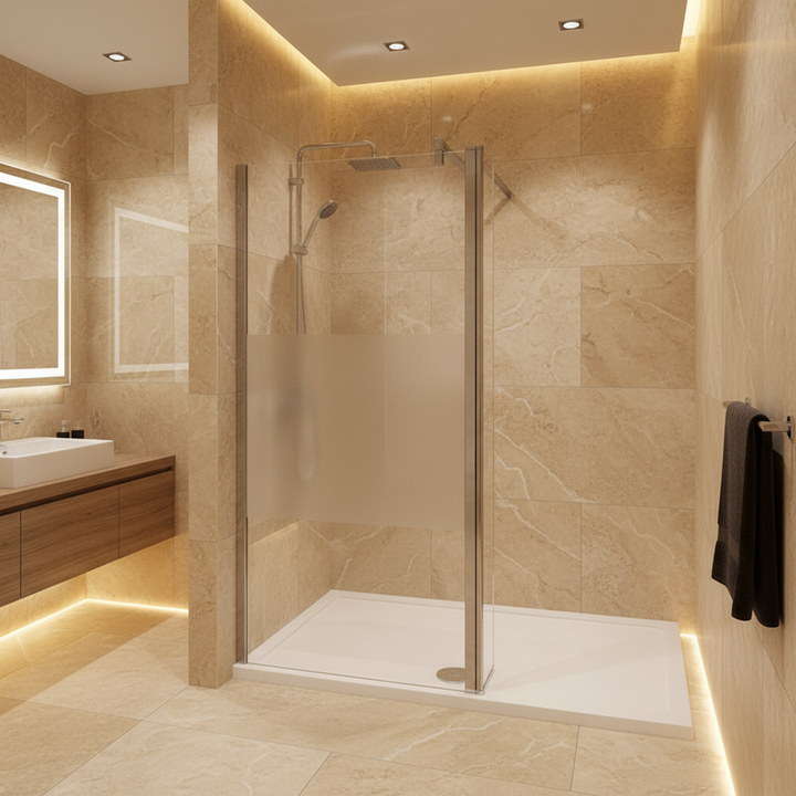 Walk-In Duschwand 200cm 8mm NANO satiniert Glas mit Flipper Panel 30/40cm