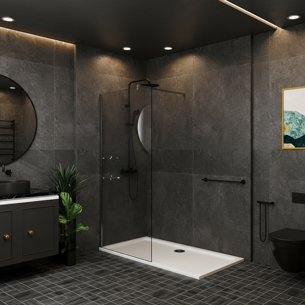 Walk-In Duschwand 200cm 8mm NANO Glas mit Glasregal | Duschkabine 80–120cm