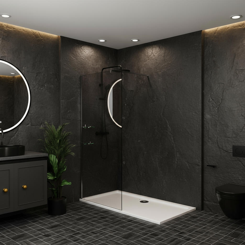 Walk-In Duschwand 200cm 8mm NANO Glas mit Glasregal | Duschkabine 80–120cm