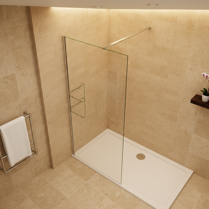 Walk-In Duschwand 200cm 8mm NANO Glas mit Glasregal | Duschkabine 80–120cm