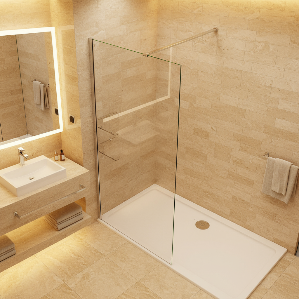 Walk-In Duschwand 200cm 8mm NANO Glas mit Glasregal | Duschkabine 80–120cm