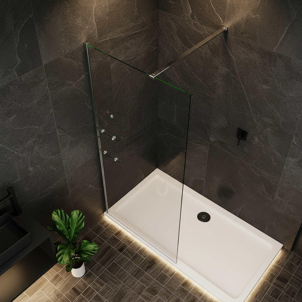 Walk-In Duschwand 200cm 8mm NANO Glas mit Glasregal | Duschkabine 80–120cm