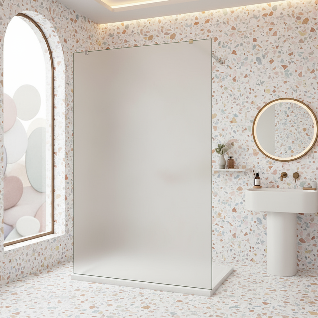 Walk-In Duschwand Milchglas 200cm | 10mm NANO Glas mit Glasschutzfolie & 2 Stabilisatoren