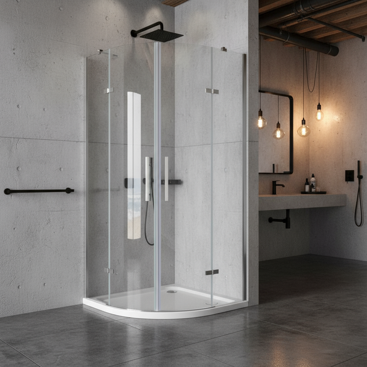 Viertelkreis Duschkabine 80×80 cm, Höhe 195 cm | Runddusche mit Drehtür aus 8mm ESG-Nano-Glas