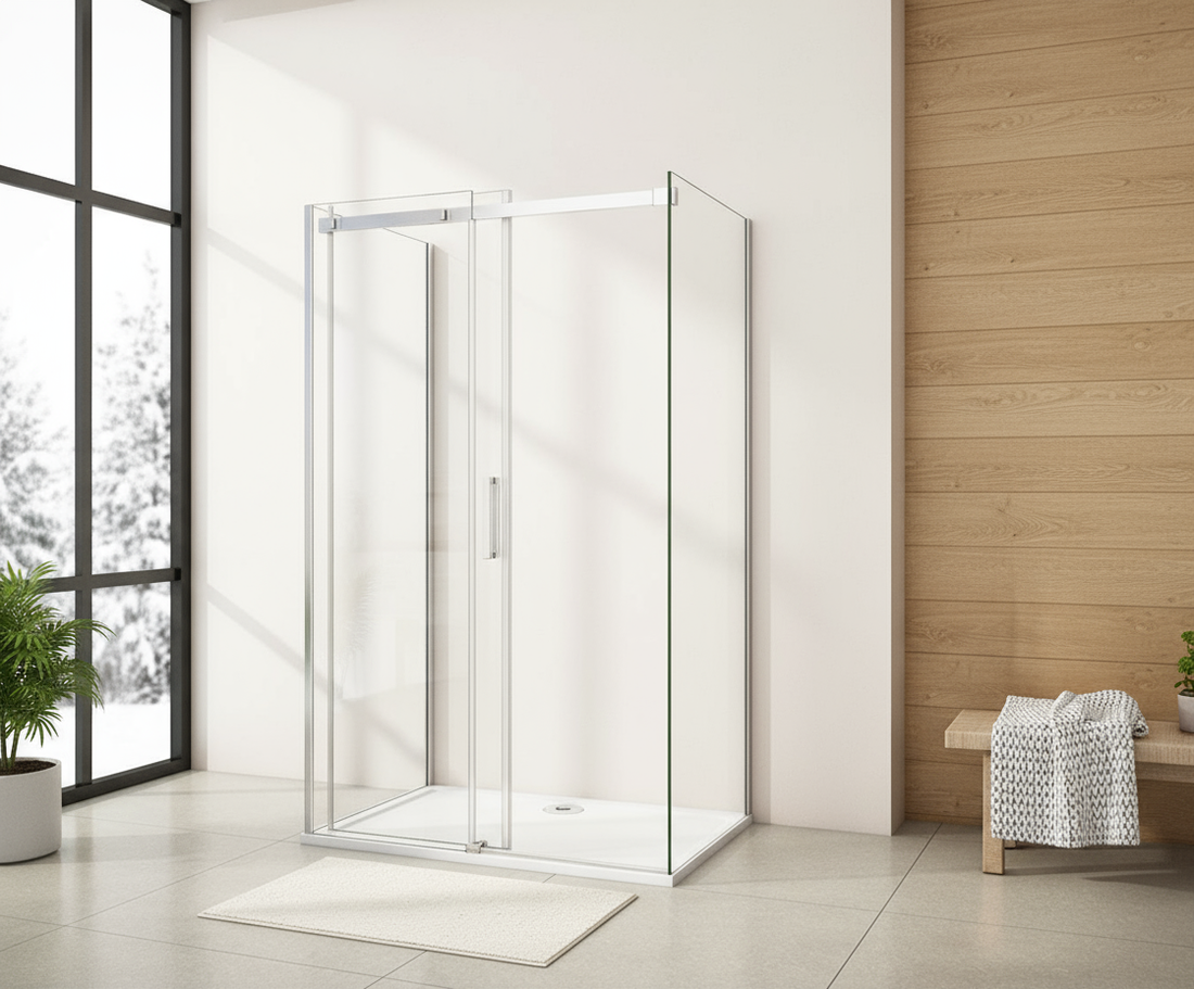 U-Form Duschkabine 100–160 cm, Höhe 195 cm | Schiebetür mit 2 Seitenwänden, 8mm ESG-Nano-Glas