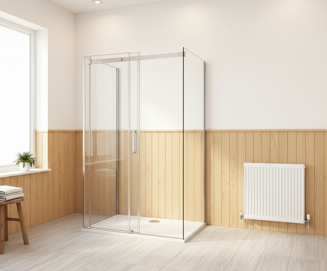 U-Form Duschkabine 100–160 cm, Höhe 195 cm | Schiebetür mit 2 Seitenwänden, 8mm ESG-Nano-Glas