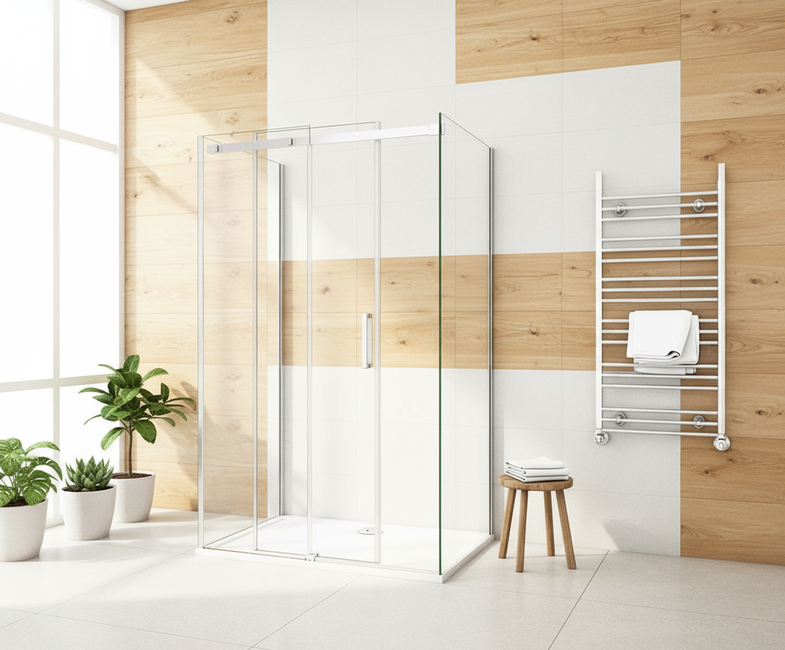 U-Form Duschkabine 100–160 cm, Höhe 195 cm | Schiebetür mit 2 Seitenwänden, 8mm ESG-Nano-Glas