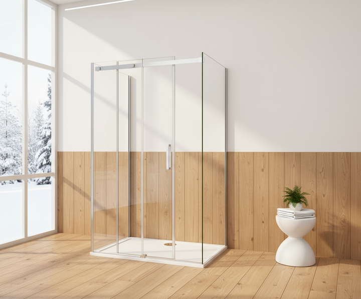 U-Form Duschkabine 100–160 cm, Höhe 195 cm | Schiebetür mit 2 Seitenwänden, 8mm ESG-Nano-Glas