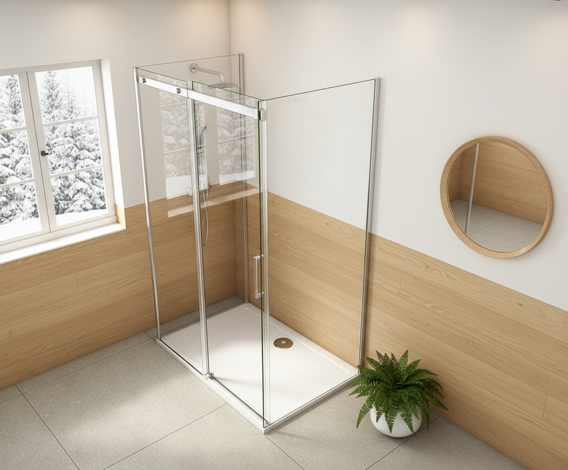 U-Form Duschkabine 100–160 cm, Höhe 195 cm | Schiebetür mit 2 Seitenwänden, 8mm ESG-Nano-Glas