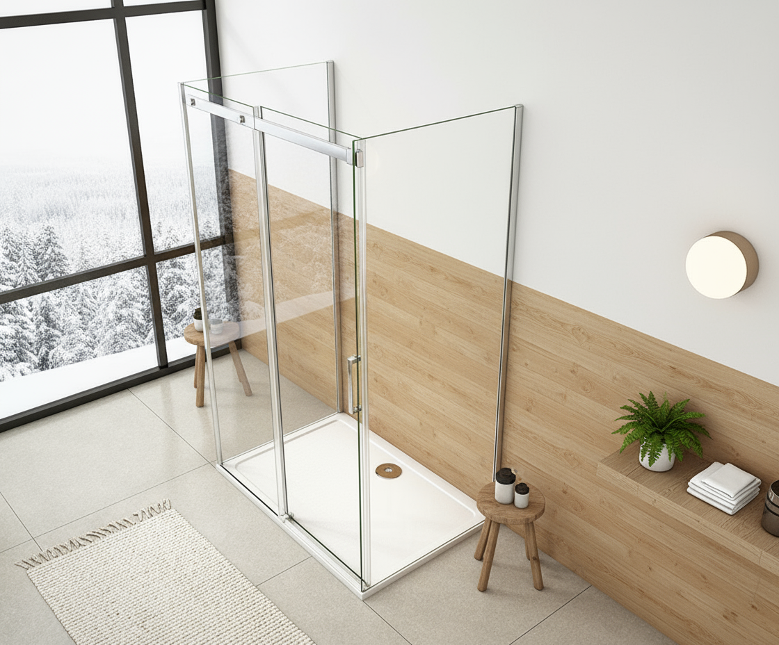 U-Form Duschkabine 100–160 cm, Höhe 195 cm | Schiebetür mit 2 Seitenwänden, 8mm ESG-Nano-Glas