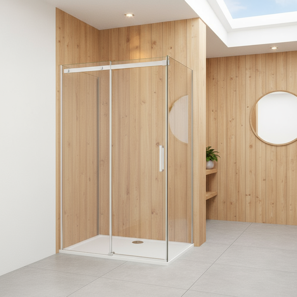 U-Form Duschkabine 100–160 cm, Höhe 195 cm | Schiebetür mit 2 Seitenwänden, 8mm ESG-Nano-Glas