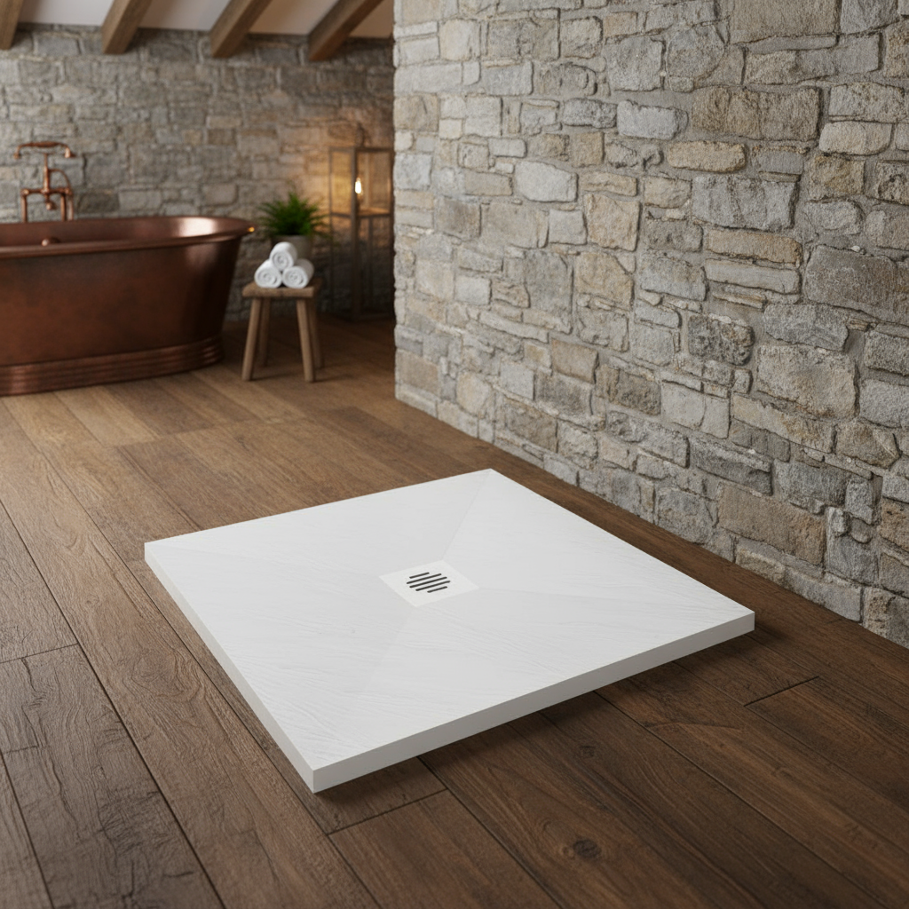 30mm Rechteck/Quadrat Duschwanne Weiß | Schiefer-Effekt Duschtasse – 30mm flach für Duschkabine