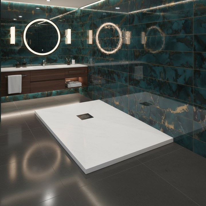 80x120cm Rechteck Duschwanne Weiß | Schiefer-Effekt Duschtasse mit Ablaufgarnitur – 30mm flach