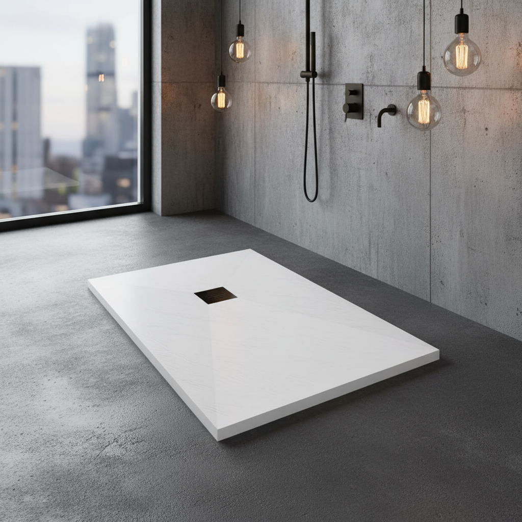 80x120cm Rechteck Duschwanne Weiß | Schiefer-Effekt Duschtasse mit Ablaufgarnitur – 30mm flach