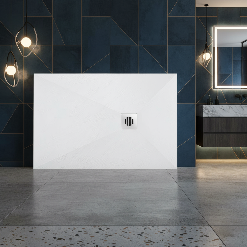 80x120cm Rechteck Duschwanne Weiß | Schiefer-Effekt Duschtasse mit Ablaufgarnitur – 30mm flach