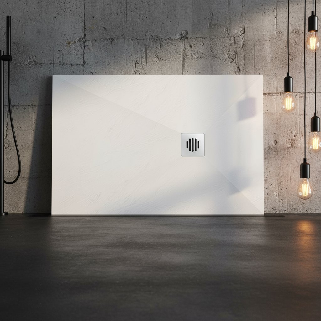 80x120cm Rechteck Duschwanne Weiß | Schiefer-Effekt Duschtasse mit Ablaufgarnitur – 30mm flach