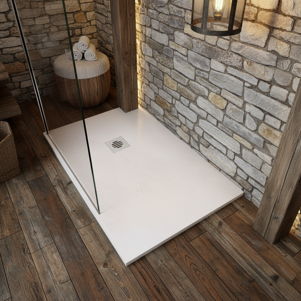 90x100cm Rechteck Duschwanne Weiß | Schiefer-Effekt Duschtasse mit Ablaufgarnitur – 30mm flach