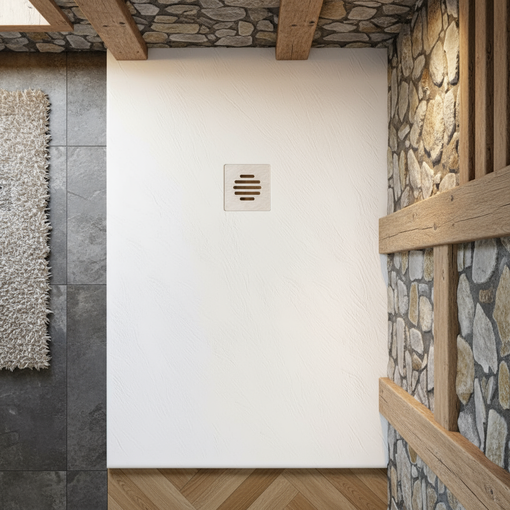 90x100cm Rechteck Duschwanne Weiß | Schiefer-Effekt Duschtasse mit Ablaufgarnitur – 30mm flach