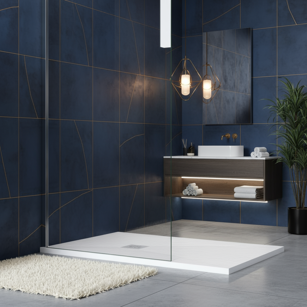 90x100cm Rechteck Duschwanne Weiß | Schiefer-Effekt Duschtasse mit Ablaufgarnitur – 30mm flach