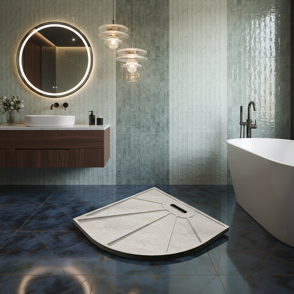 30mm Viertelkreis Duschwanne | Stein-Effekt Duschtasse Schwarz mit Ablaufgarnitur – Runde Duschkabine