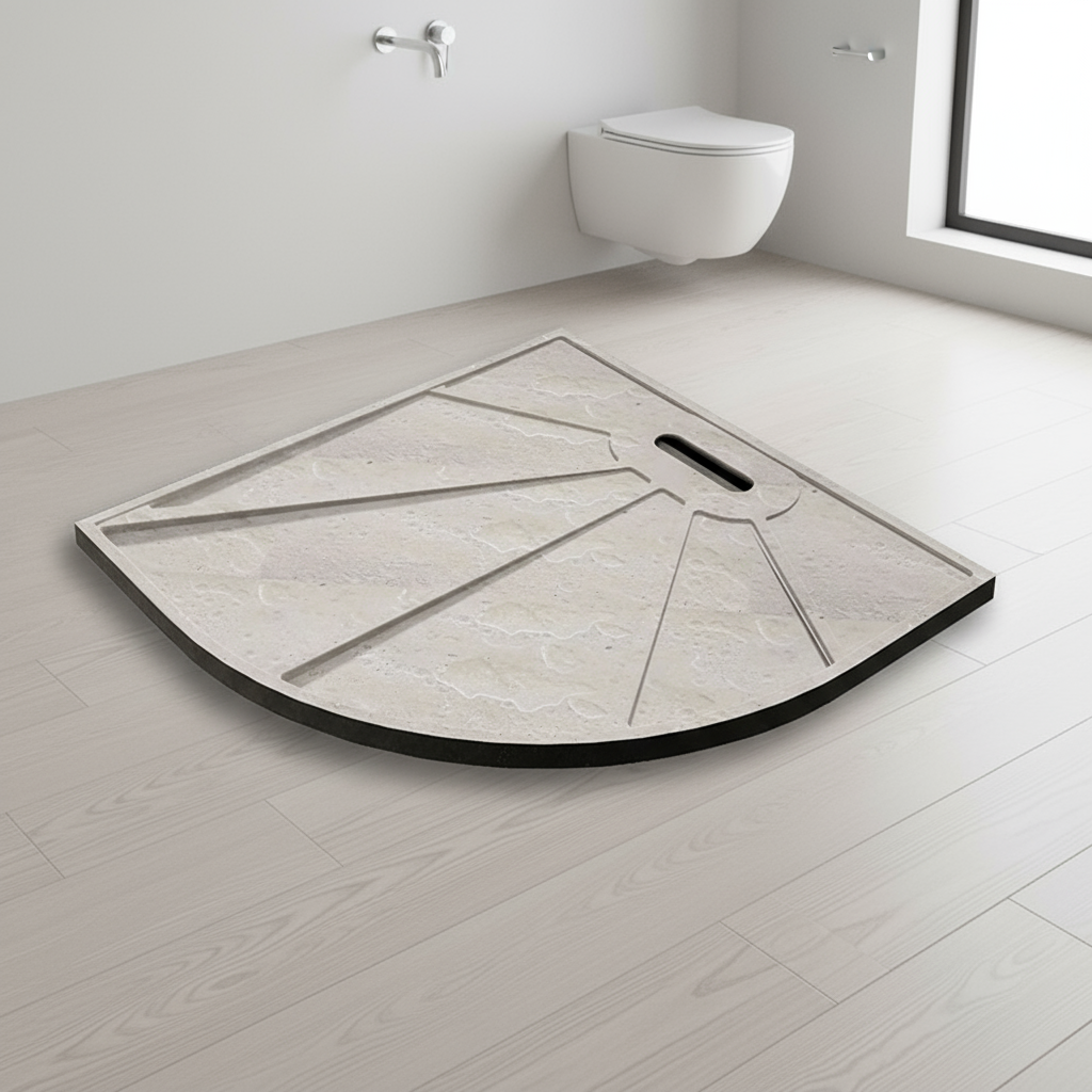 30mm Viertelkreis Duschwanne | Stein-Effekt Duschtasse Schwarz mit Ablaufgarnitur – Runde Duschkabine