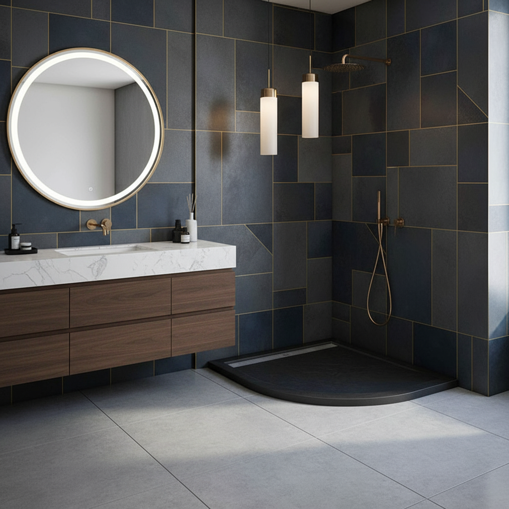 30mm Viertelkreis Duschwanne | Stein-Effekt Duschtasse Schwarz mit Ablaufgarnitur – Runde Duschkabine