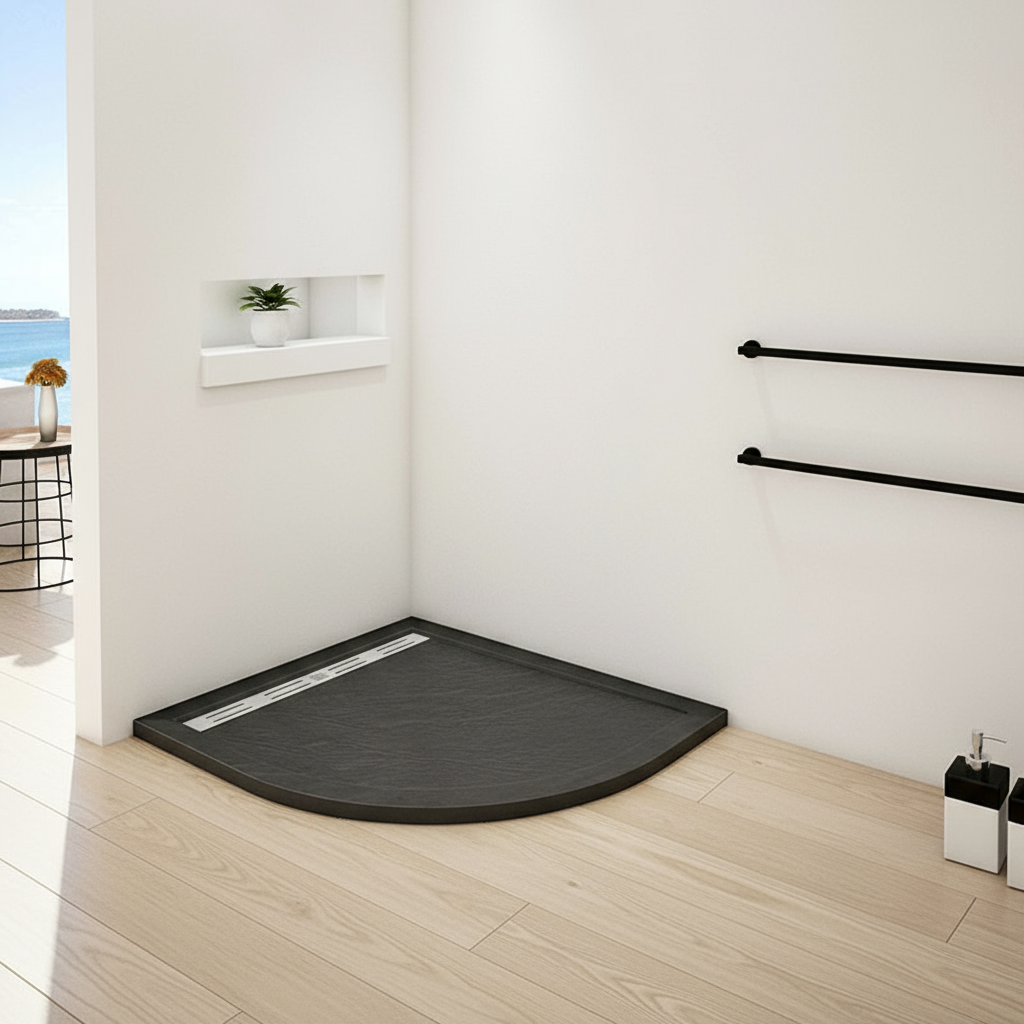 30mm Viertelkreis Duschwanne | Stein-Effekt Duschtasse Schwarz mit Ablaufgarnitur – Runde Duschkabine