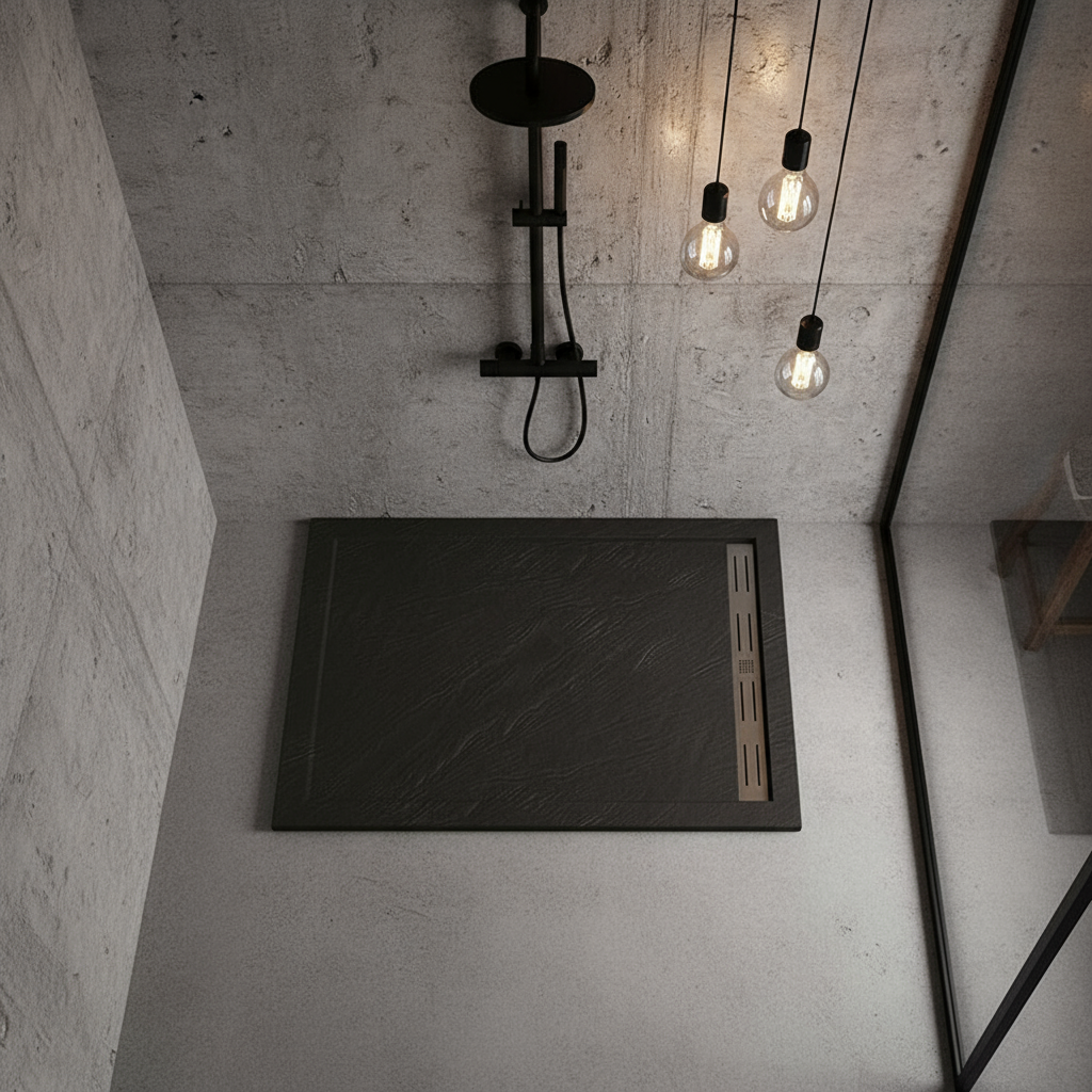 30mm Duschwanne Schwarz Rechteck | Stein-Effekt Kunststein Duschtasse für Duschkabine