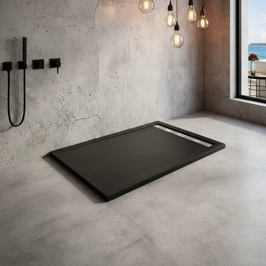 30mm Duschwanne Schwarz Rechteck | Stein-Effekt Kunststein Duschtasse für Duschkabine