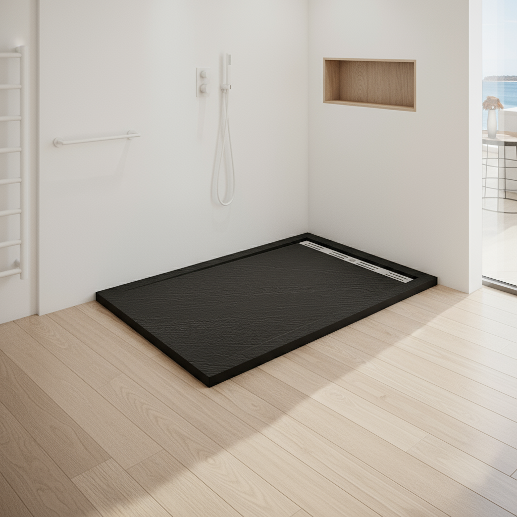 30mm Duschwanne Schwarz Rechteck | Stein-Effekt Kunststein Duschtasse für Duschkabine